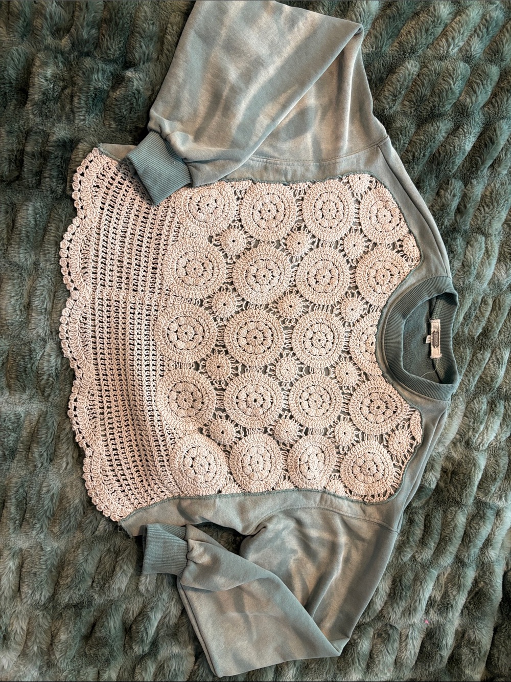 gimmicks by BKE Sage Green Sweatshirt with Cream Crochet Front